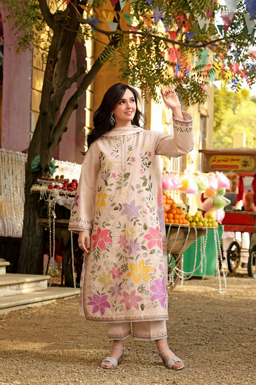 Lawn-3PC Chikankari Embroidered Shirt With Digital Printed Jacquard Dupatta-5245