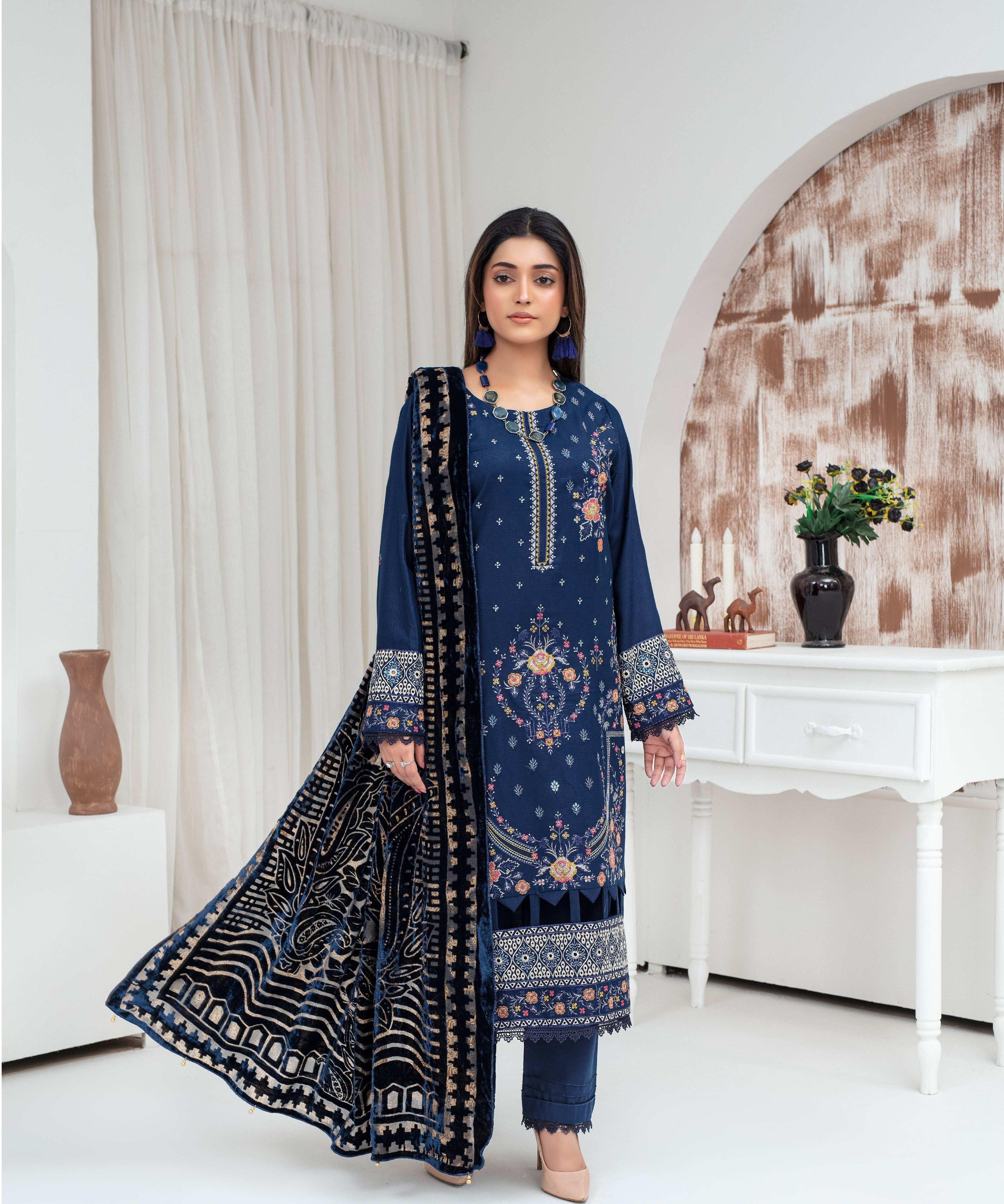 Dhanak 3PC Chikankari Embroidered Shirt With Velvet Plachi Shawl- 2103