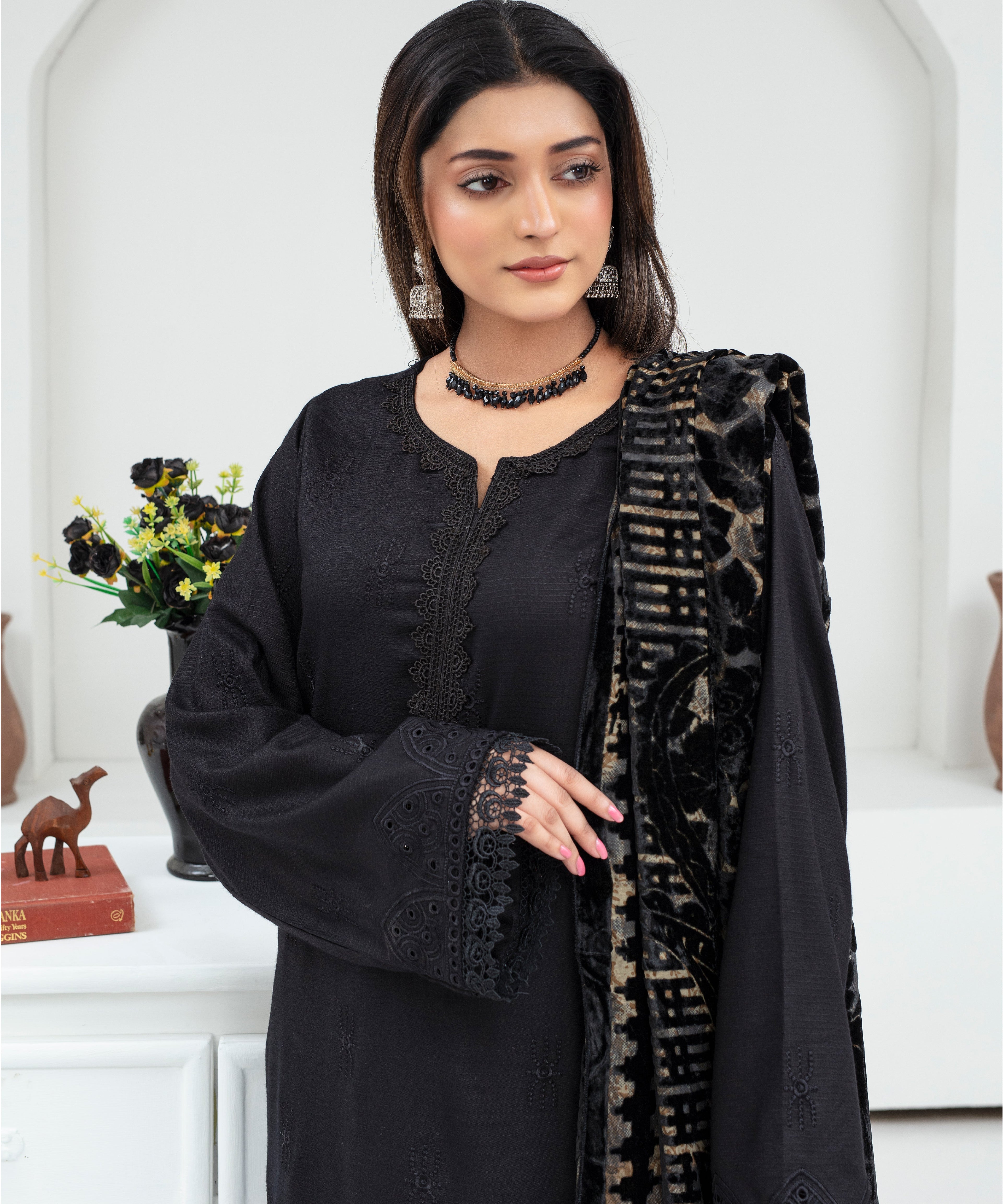 Dhanak 3PC Chikankari Embroidered Shirt With Velvet Plachi Shawl- 2107