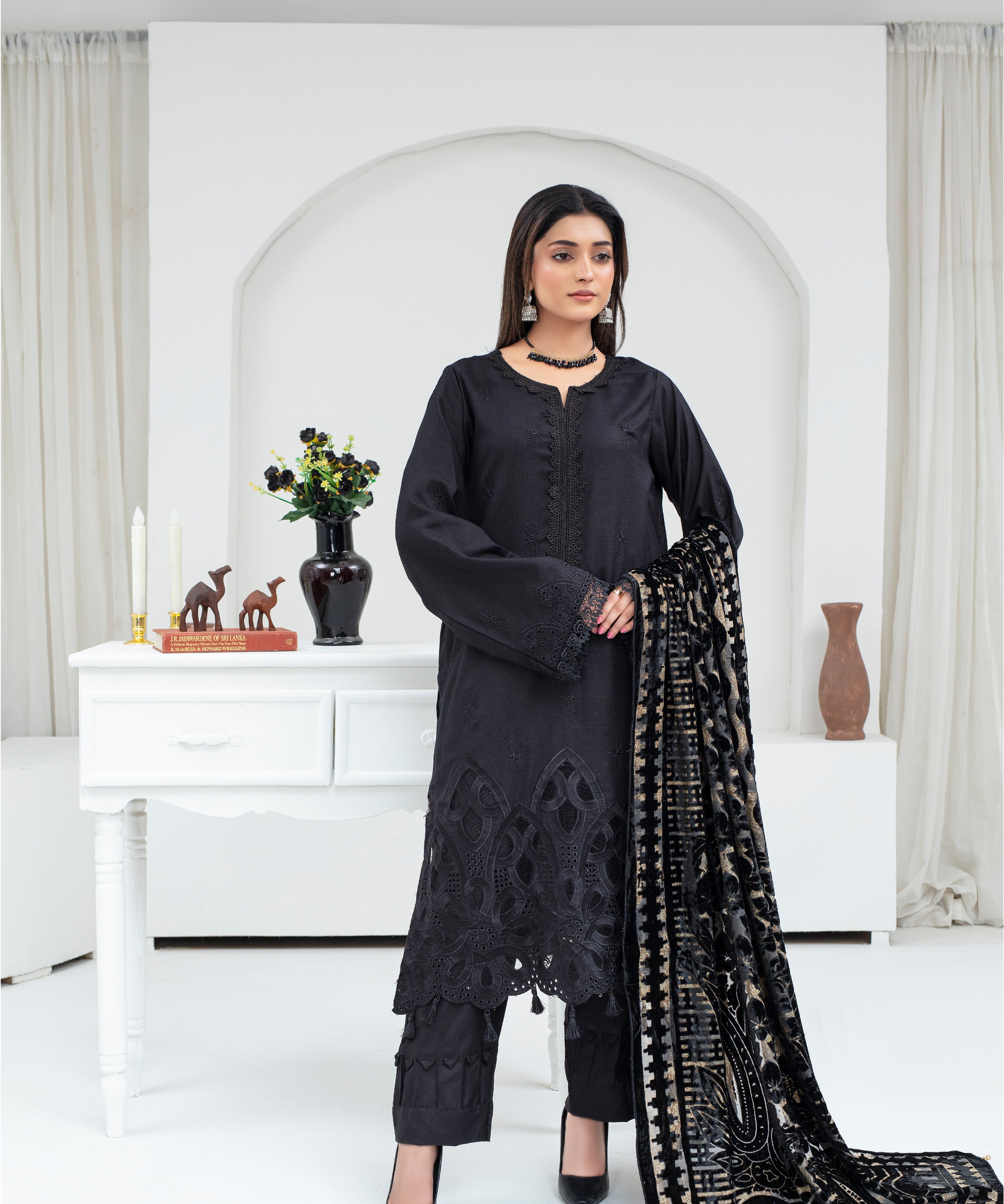 Dhanak 3PC Chikankari Embroidered Shirt With Velvet Plachi Shawl- 2107