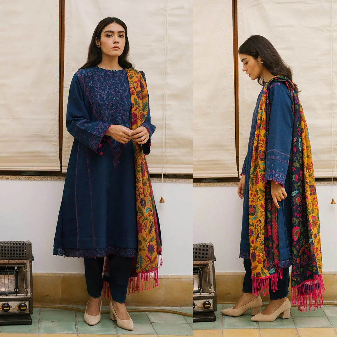 3PC Dhanak Embroidered Shirt With Digital Printed Shawl-217
