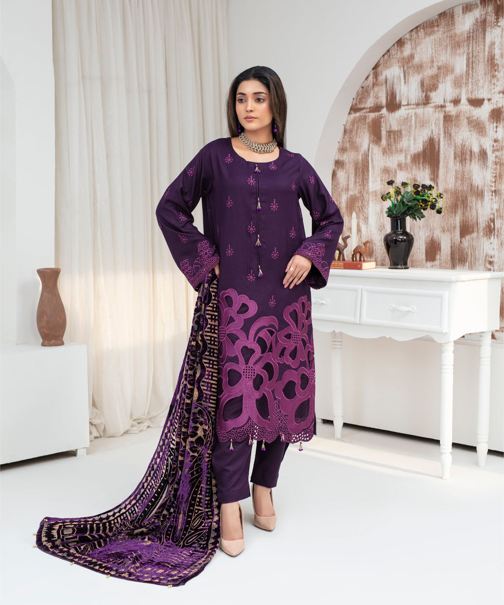 Dhanak 3PC Chikankari Embroidered Shirt With Velvet Plachi Shawl- 2108