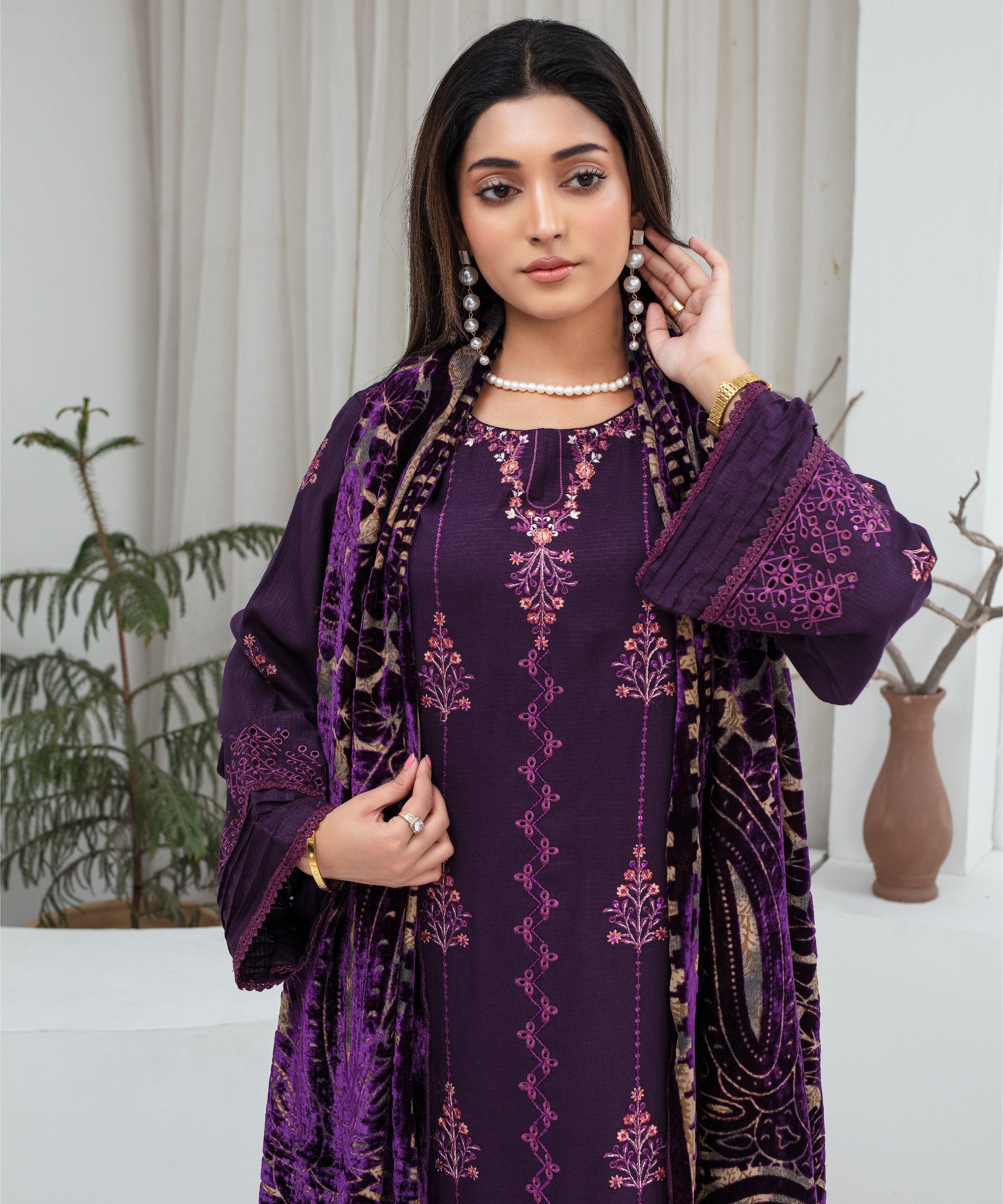 Dhanak 3PC Chikankari Embroidered Shirt With Velvet Plachi Shawl- 2106