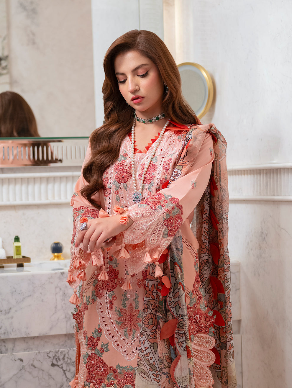 Lawn-3PC Chikankari Embroidered Shirt With Digital Printed Jacquard Dupatta-5271