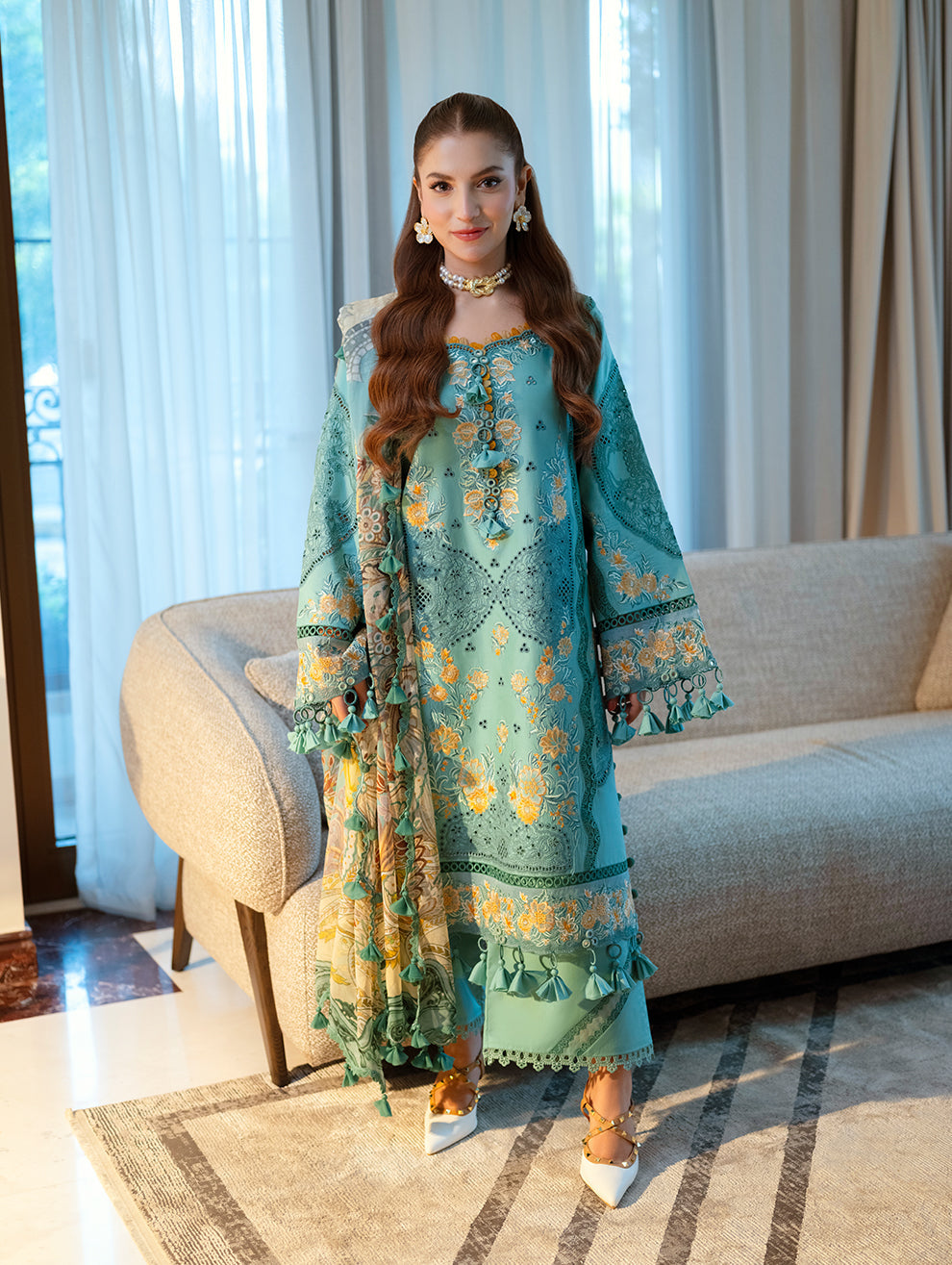 Lawn-3PC Chikankari Embroidered With Digital Printed Jacquard Dupatta-5282