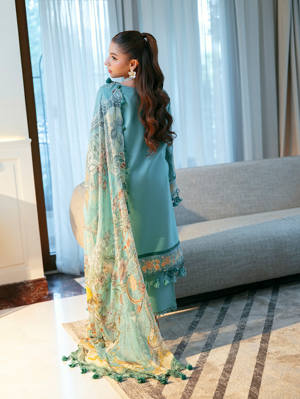Lawn-3PC Chikankari Embroidered With Digital Printed Jacquard Dupatta-5282