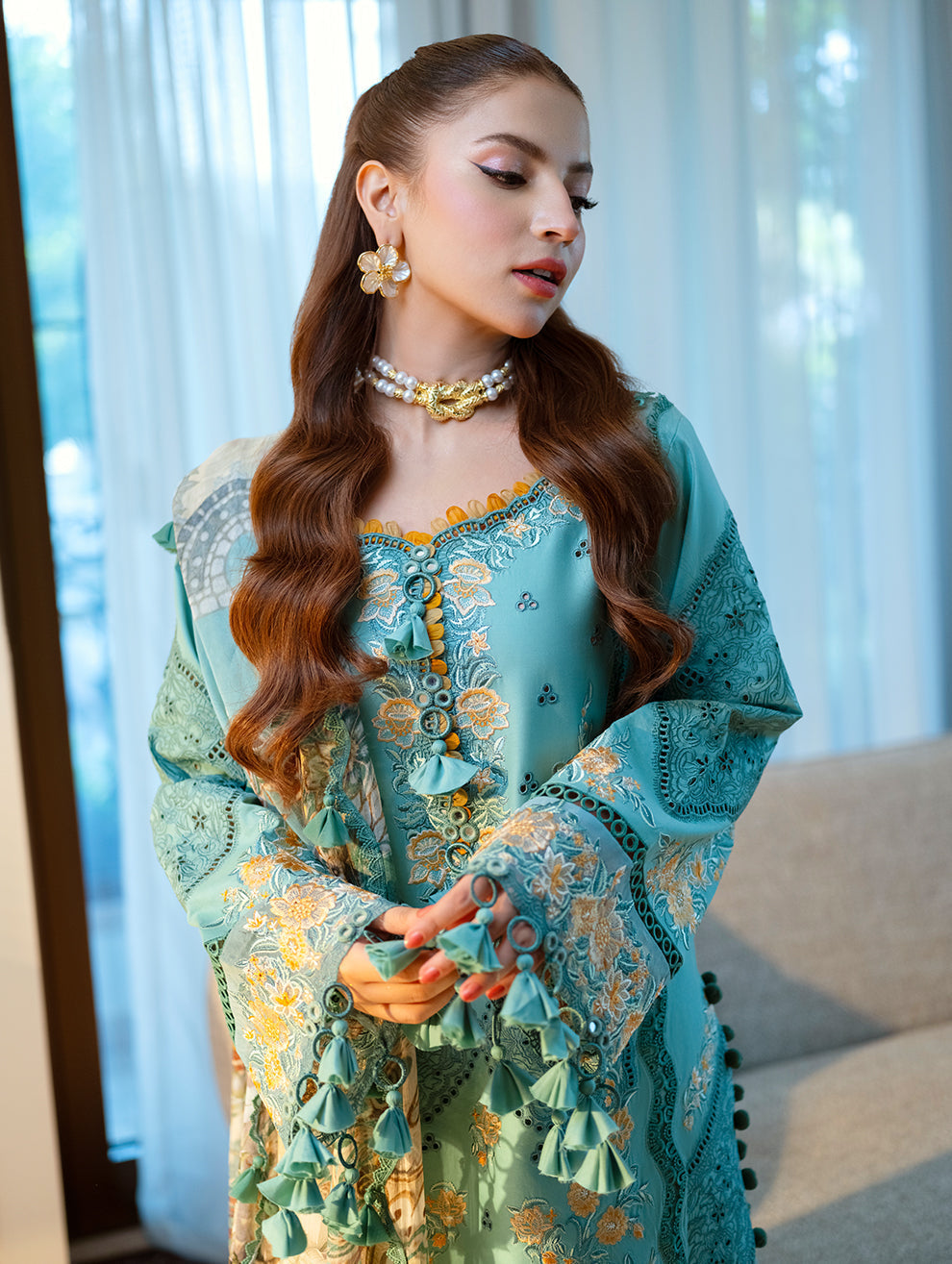 Lawn-3PC Chikankari Embroidered With Digital Printed Jacquard Dupatta-5282