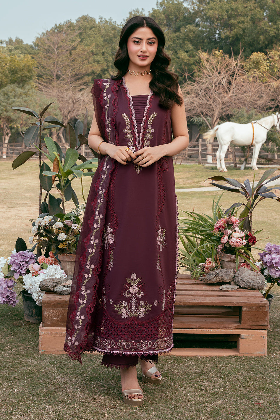 Lawn-3PC Chikankari Embroidered Shirt With Khadi Net Embroidered Dupatta-5287