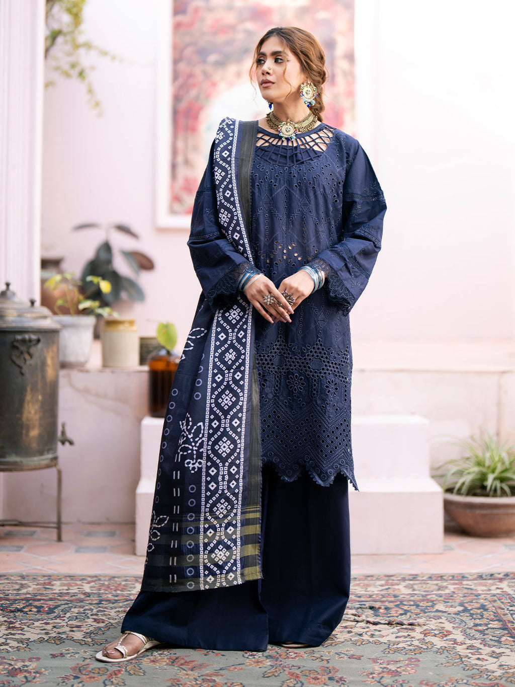 Chikankari 3PC  Dhanak Embroidered With Digital Printed Wool Shawl-118