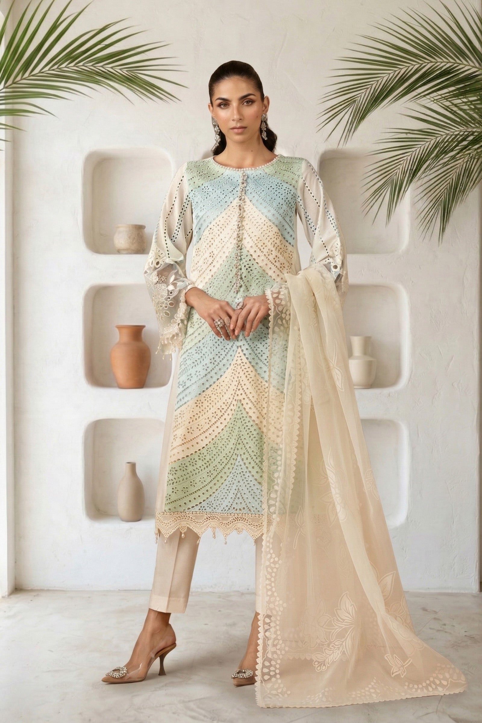 Lawn-3PC Chikankari Embroidered Shirt With Silk Printed Dupatta-5272