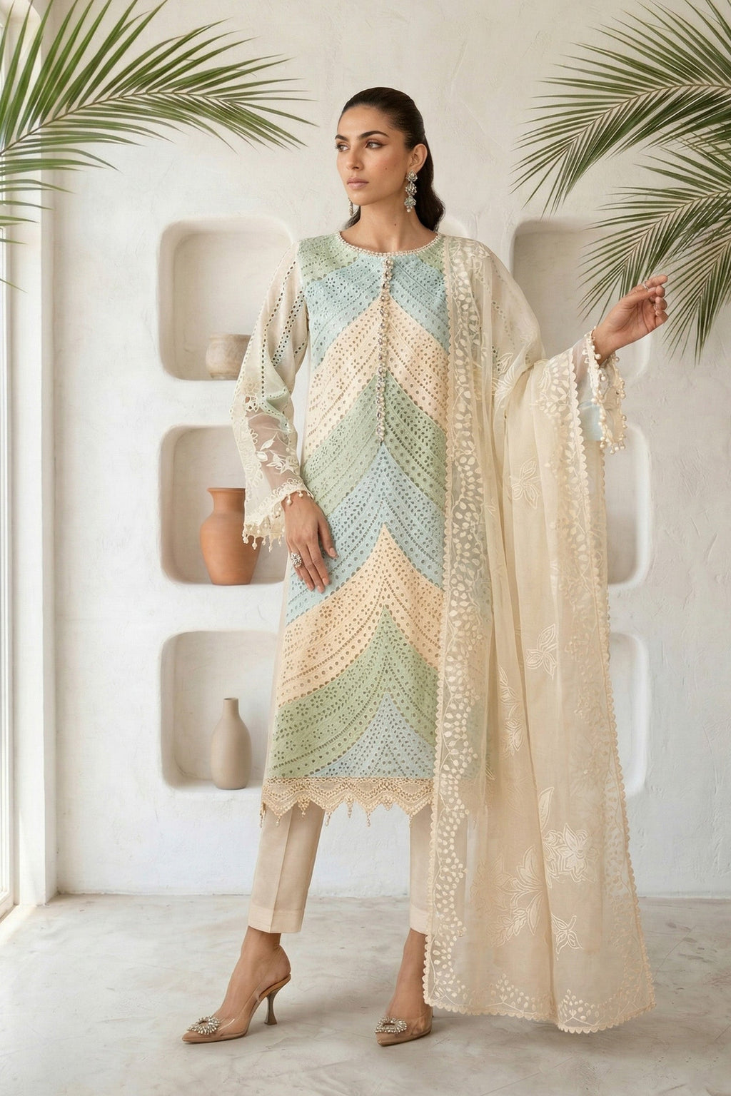 Lawn-3PC Chikankari Embroidered Shirt With Silk Printed Dupatta-5272