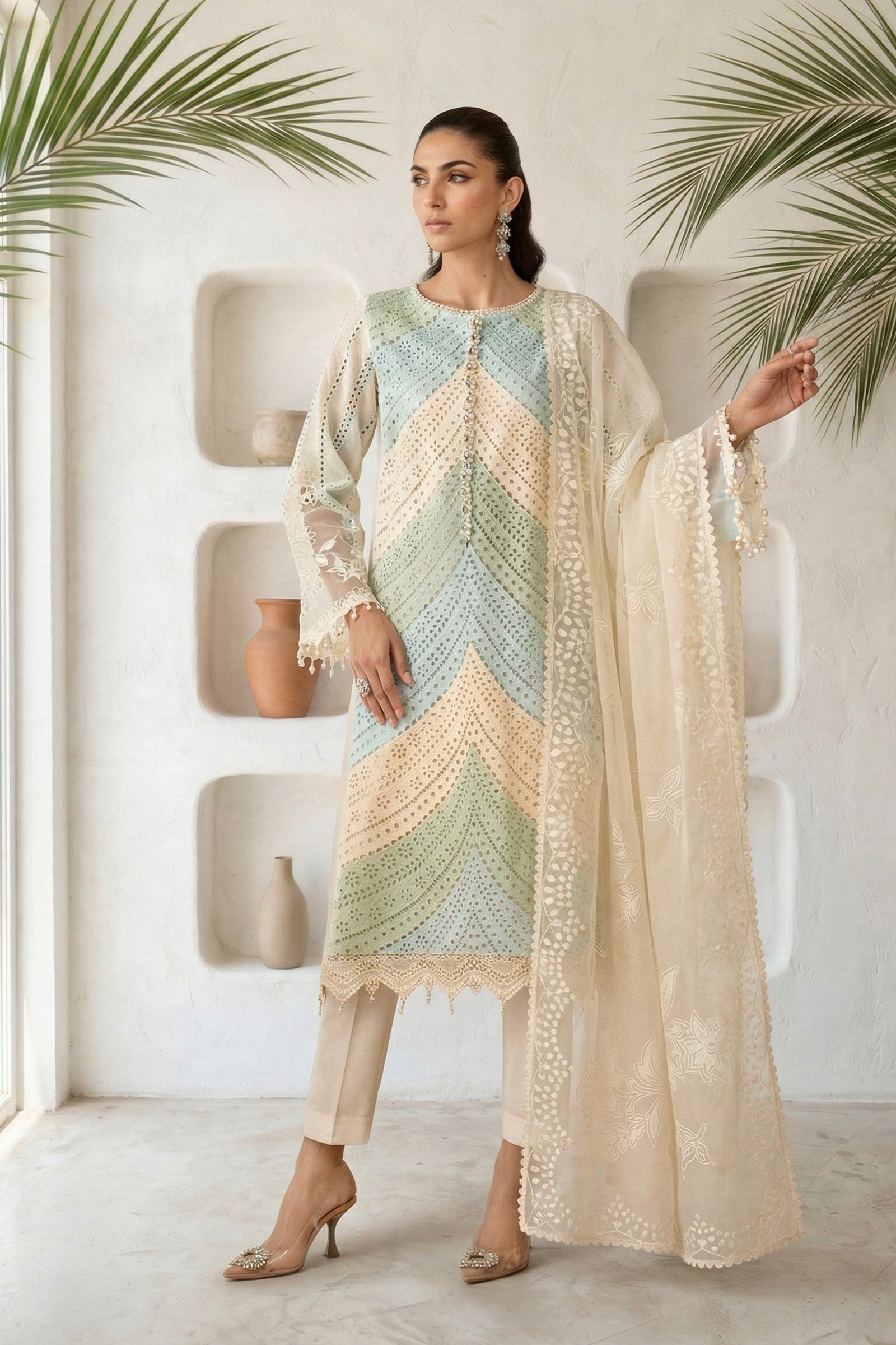 Lawn-3PC Chikankari Embroidered Shirt With Silk Printed Dupatta-5272