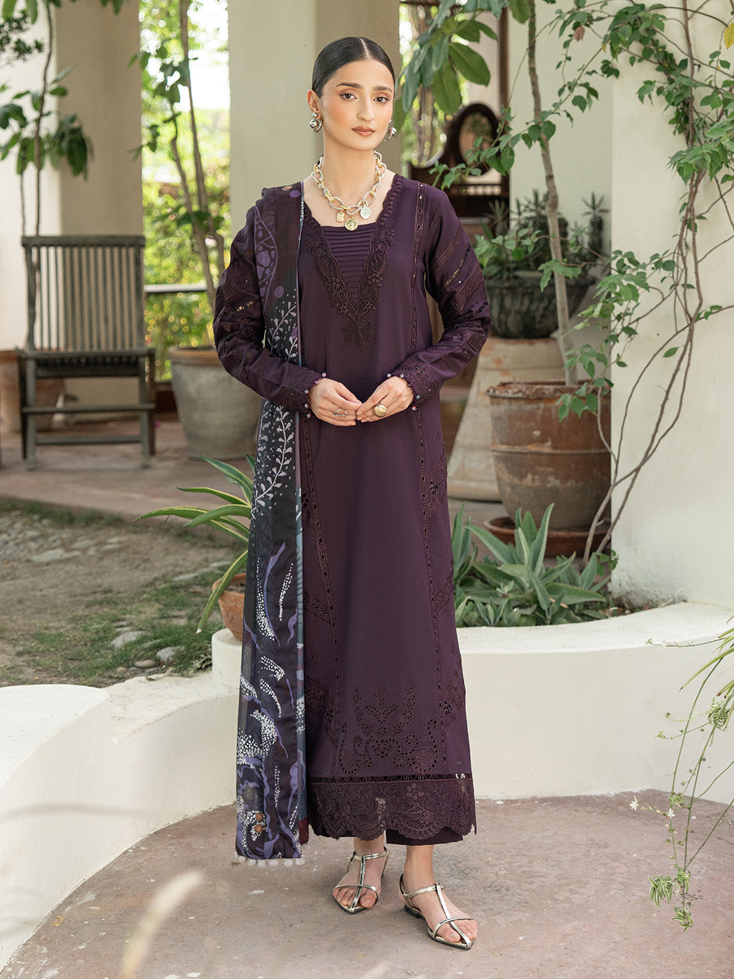 Lawn-3PC Chikankari Embroidered Shirt With Digital Printed Jacquard Dupatta-5347