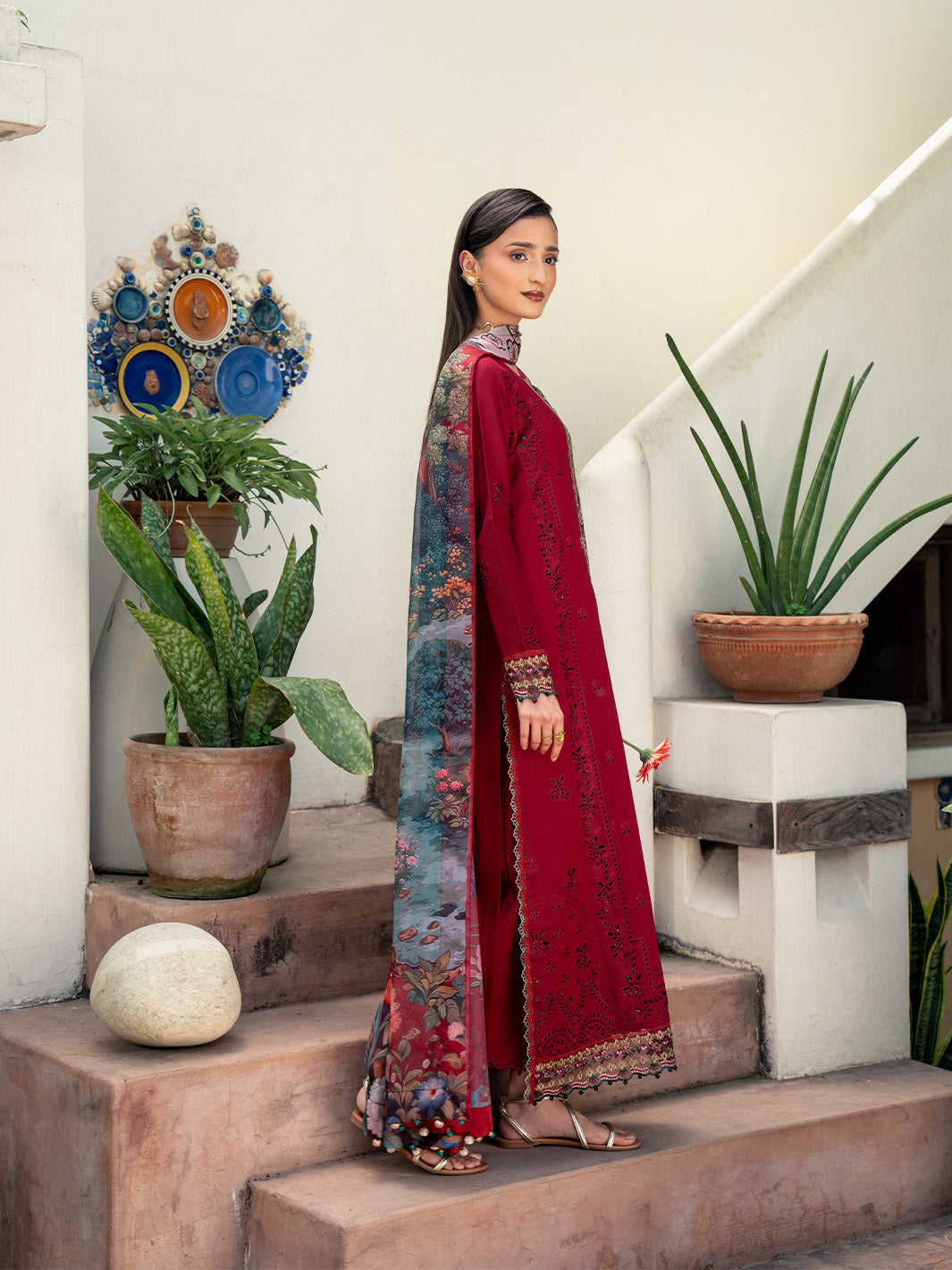 Lawn-3PC Chikankari Embroidered Shirt With Digital Printed Jacquard Dupatta-5346