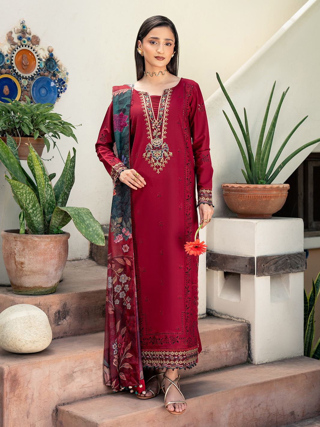 Lawn-3PC Chikankari Embroidered Shirt With Digital Printed Jacquard Dupatta-5346
