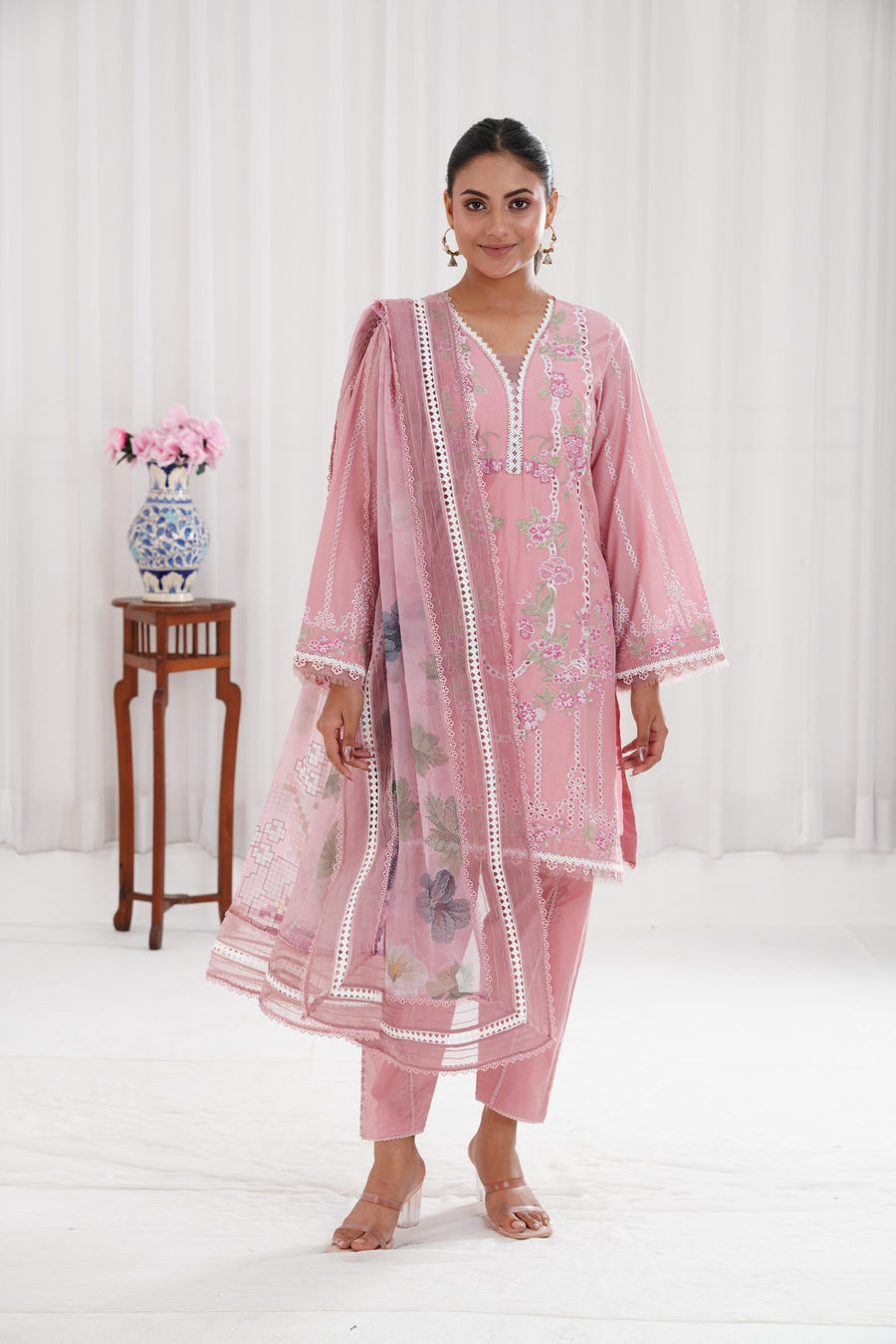 Lawn-3PC Chikankari Embroidered With Digital Printed Jacquard Dupatta-5159