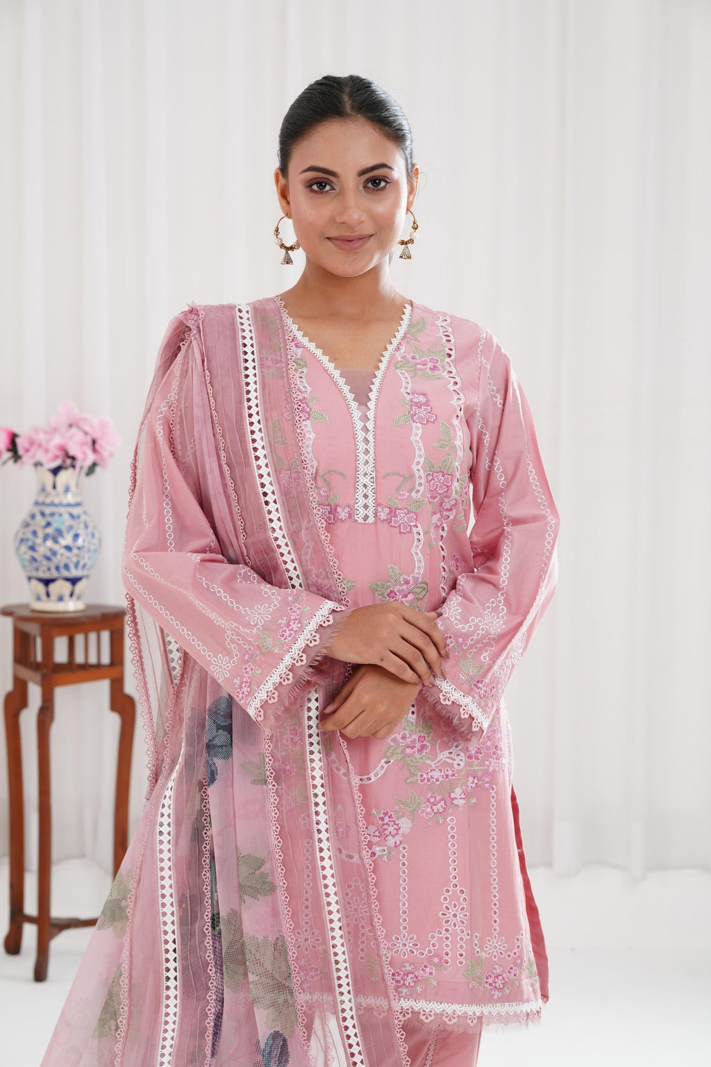 Lawn-3PC Chikankari Embroidered With Digital Printed Jacquard Dupatta-5159