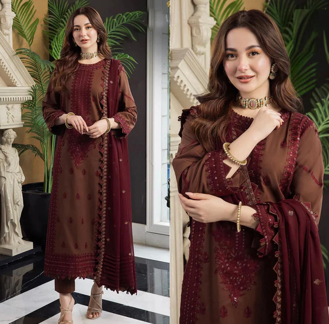 Lawn 3PC Embroidered With Chiffon Embroidered Dupatta-5016