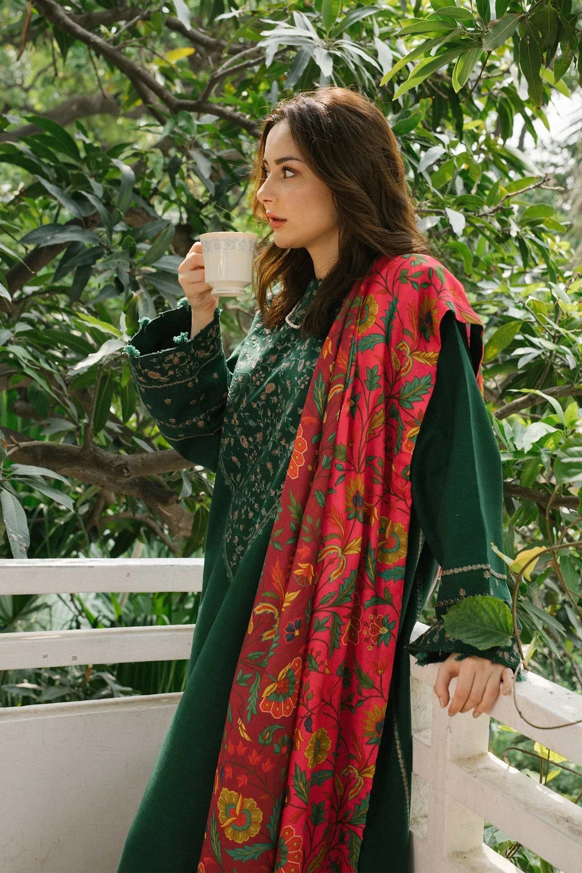 Dhaank 3PC Embroidered Shirt With Digital Printed Shawl-204