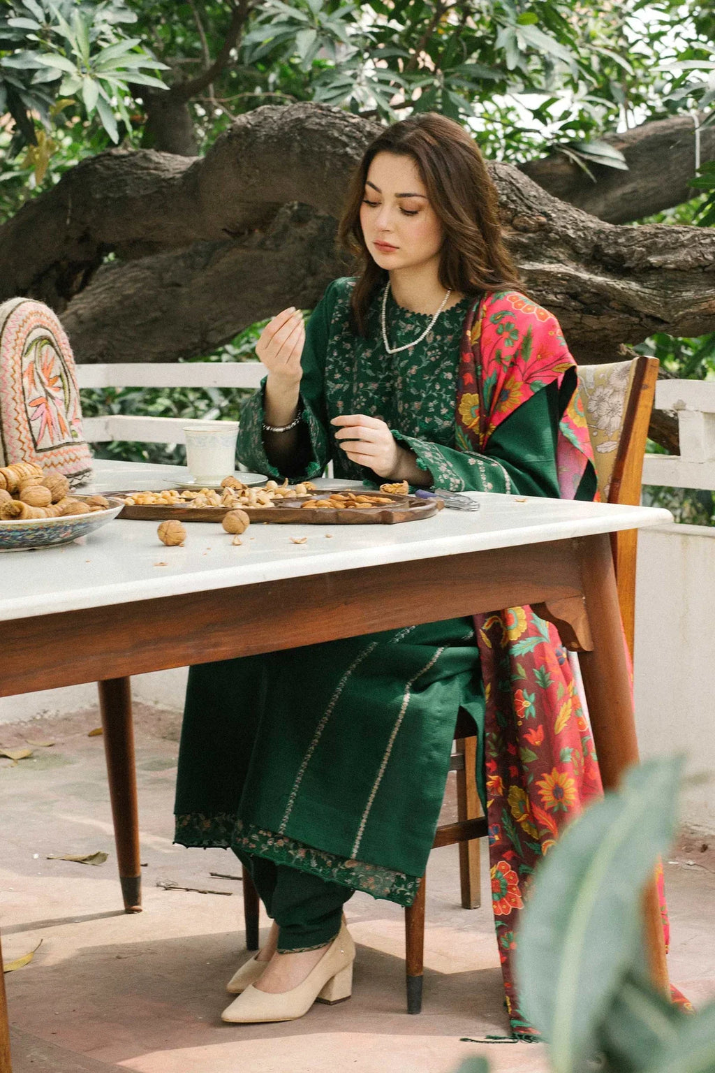 Dhaank 3PC Embroidered Shirt With Digital Printed Shawl-204