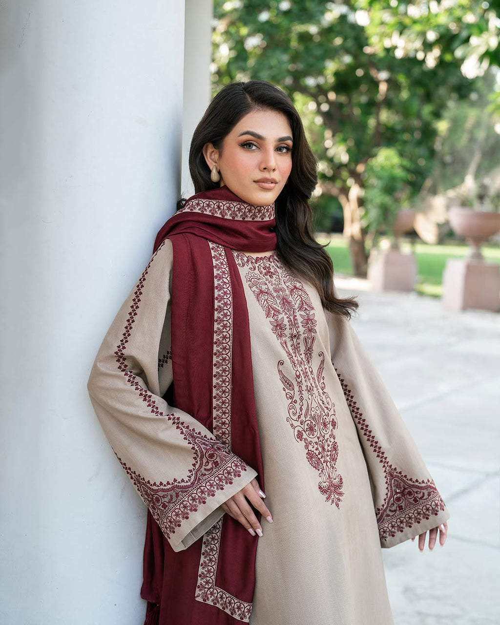 Dhanak-3PC Embroidered Shirt with Digital Printed Wool Shawl - 3576